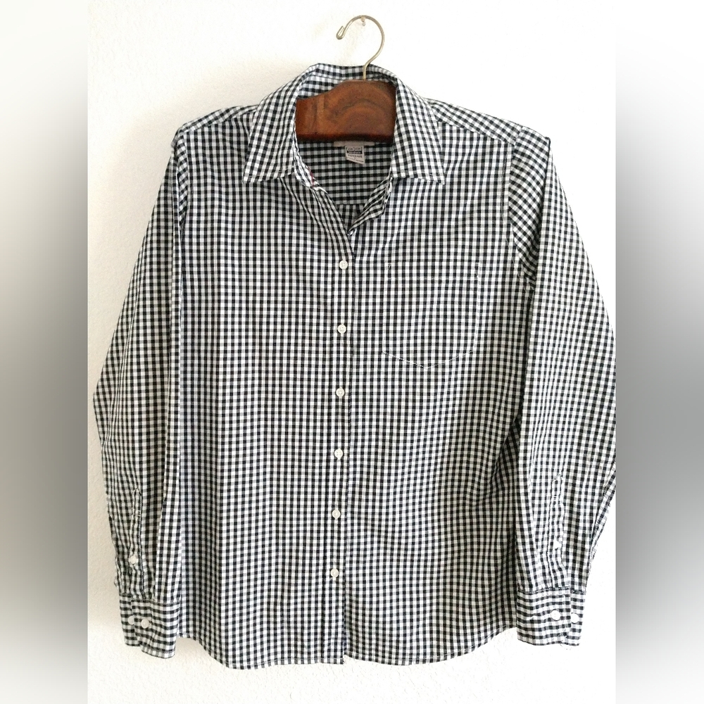 CQR Women's Black White Gingham Shirt Long Sleeve Button Front Medium Chest 38"